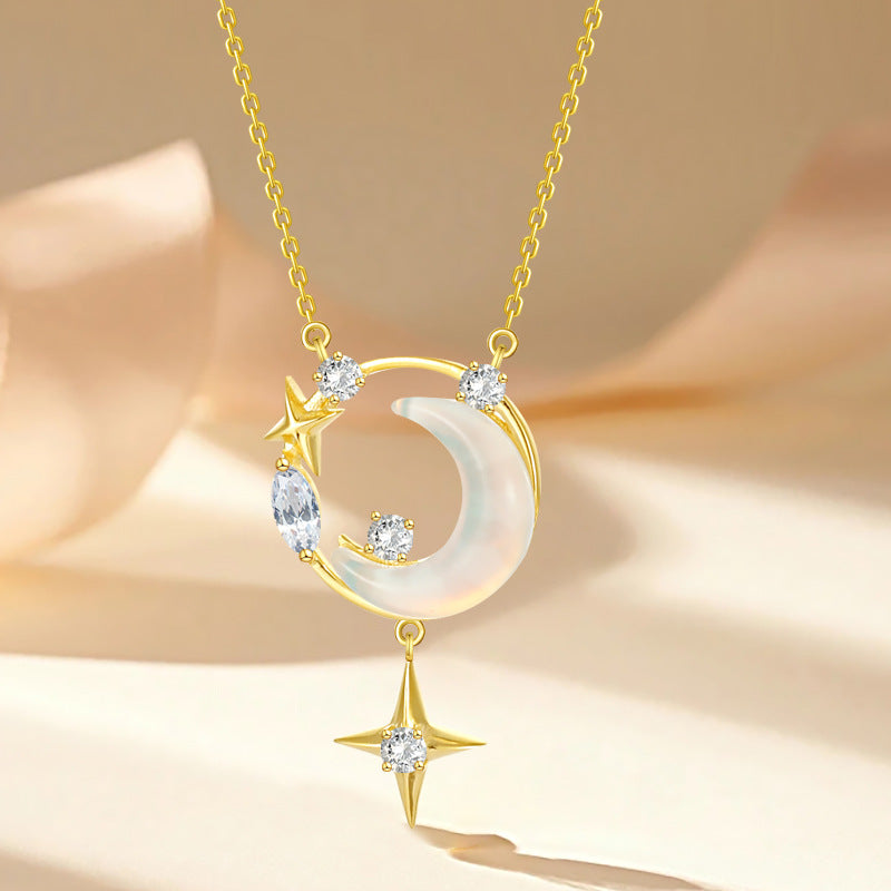 S925 Sterling Silver Star Moon Necklace Women's Light Luxury Minority Clavicle Chain