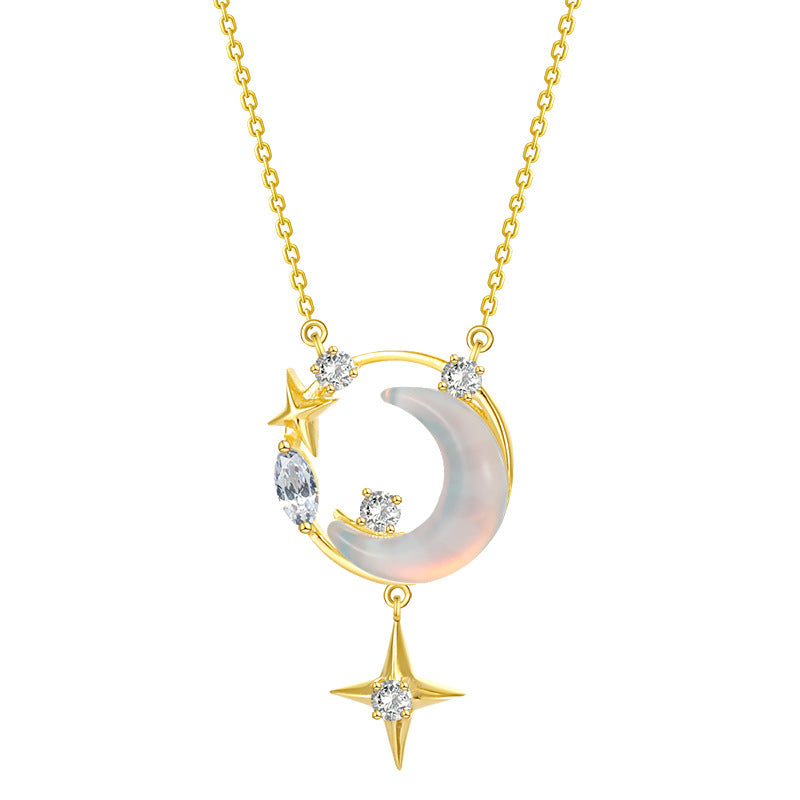 S925 Sterling Silver Star Moon Necklace Women's Light Luxury Minority Clavicle Chain